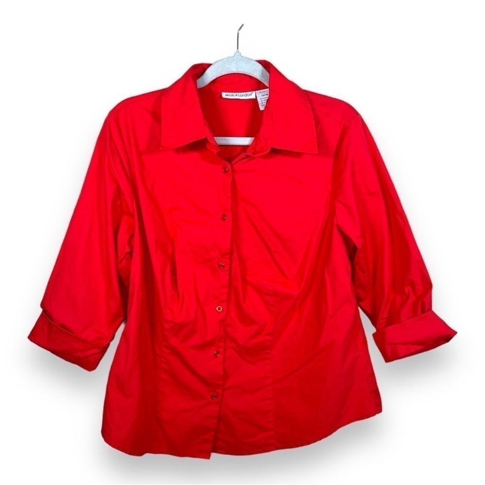 VINTAGE 14/16 JESSICA LONDON RED BUTTON FRONT SHIRT 3/4 SLEEVE